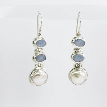 opal earrings dangle set in 925 sterling silver with genuine baroque pearl