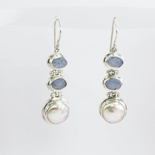 opal earrings dangle set in 925 sterling silver with genuine baroque pearl