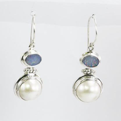 Australian opal earrings 925 sterling silver with genuine round mabe pearl bezel set