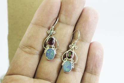 Australian opal dangle earrings set in 925 sterling silver combined with natural pink tourmaline