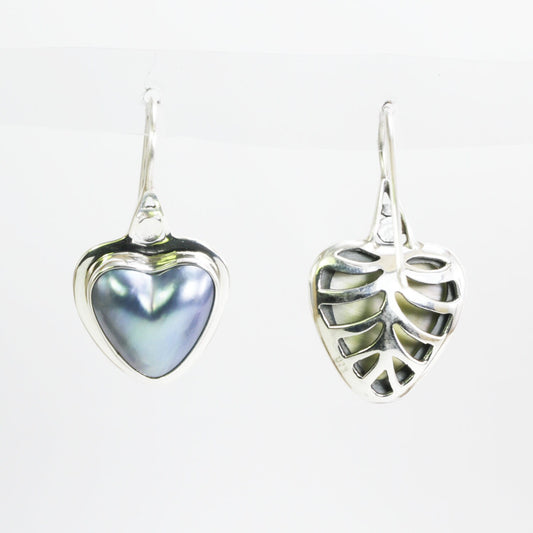 heart shape mabe pearl dangle drop earrings set in handmade 925 Sterling silver decorated with leaf style