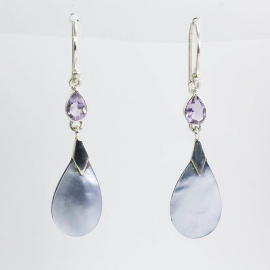 dangle drop earrings with genuine blue mother of pearl and natural drop amethyst set in 925 sterling silver,