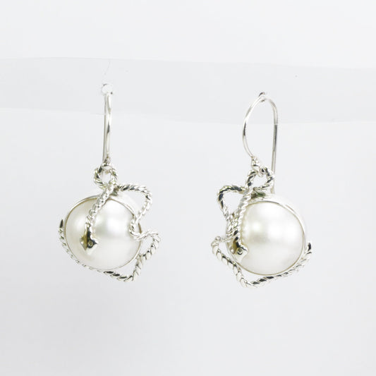 white mabe pearl earrings set in 925 sterling silver with realistic snake carving, snake earrings with pearl