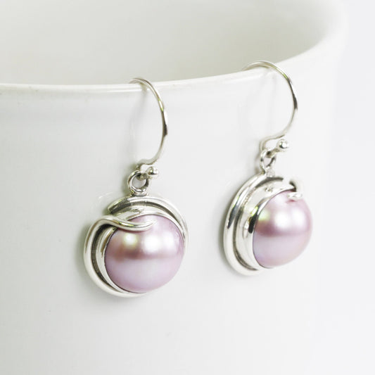 pink mabe pearl earrings 925 sterling silver 13 mm round