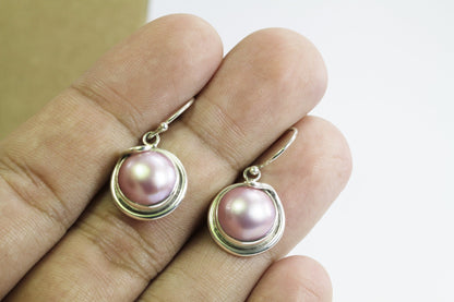 pink mabe pearl earrings 925 sterling silver 13 mm round