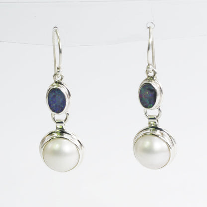 opal earrings 925 sterling silver with genuine freshwater pearl dangle drop