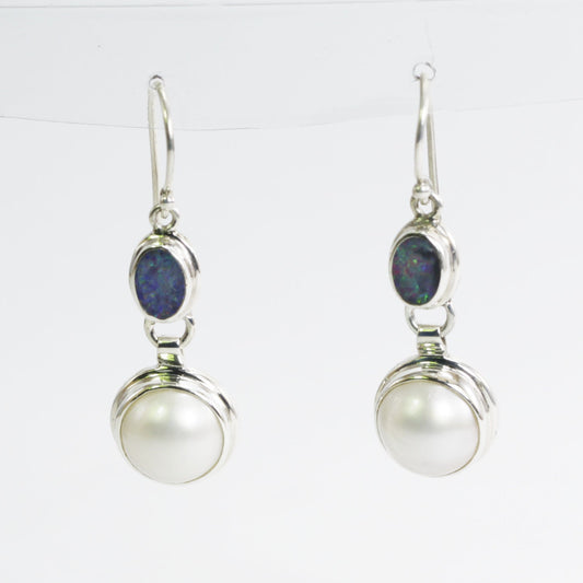 opal earrings 925 sterling silver with genuine freshwater pearl dangle drop