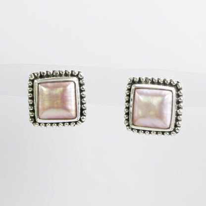 Pink mabe pearl stud earrings square shape set in 925 sterling silver decorated with dot ornament