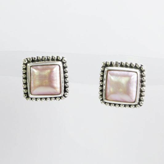 Pink mabe pearl stud earrings square shape set in 925 sterling silver decorated with dot ornament