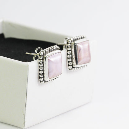 Pink mabe pearl stud earrings square shape set in 925 sterling silver decorated with dot ornament