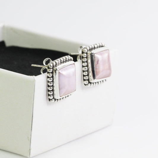 Pink mabe pearl stud earrings square shape set in 925 sterling silver decorated with dot ornament