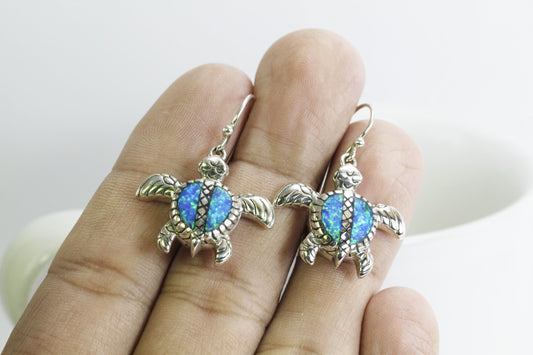 silver turtle earrings 925 sterling silver decorated with lab created opal