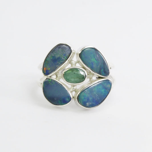 multi stone ring 925 sterling silver with natural Australian opal and genuine green emerald