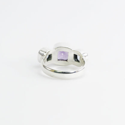 Three stone ring 925 sterling silver with 6 mm amethyst and 8 mm blue topaz