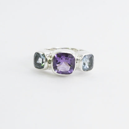 Three stone ring 925 sterling silver with 6 mm amethyst and 8 mm blue topaz
