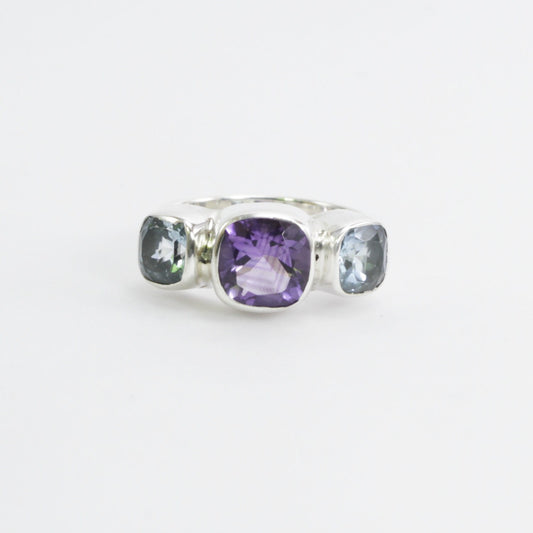 Three stone ring 925 sterling silver with 6 mm amethyst and 8 mm blue topaz