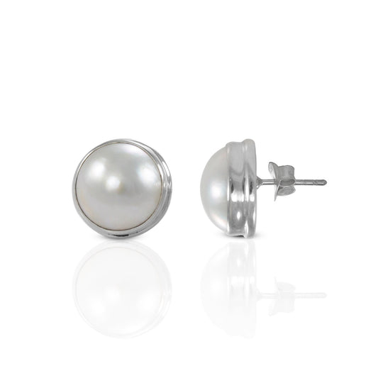 Genuine Round 15 mm White Mabe Pearl stud earrings double bezel set in handmade 925 sterling silver