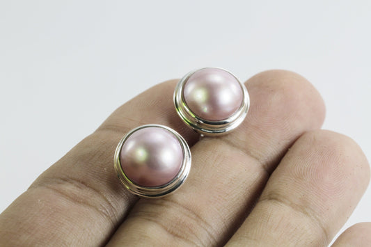 pink mabe pearl earrings stud Round 13 mm set in handmade double bezel 925 sterling silver