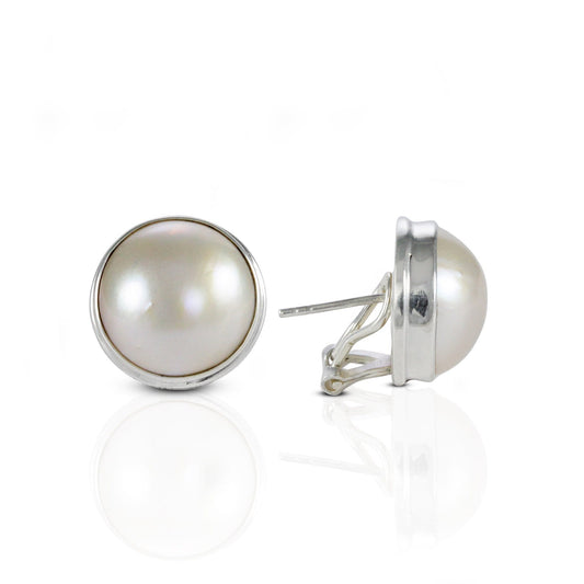 mabe pearl earrings stud set in double bezel handmade 925 sterling silver with omega closure