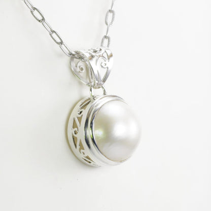 White Mabe Pearl pendant necklace 925 sterling silver 15 mm Round decorated with swirl filigree