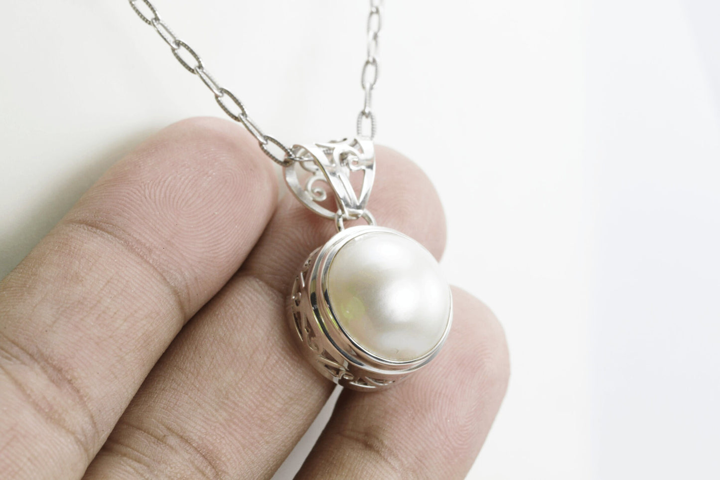 White Mabe Pearl pendant necklace 925 sterling silver 15 mm Round decorated with swirl filigree