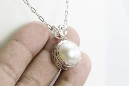 White Mabe Pearl pendant necklace 925 sterling silver 15 mm Round decorated with swirl filigree