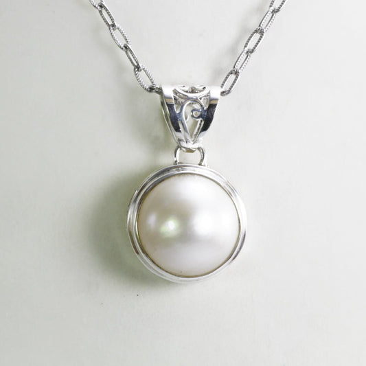 White Mabe Pearl pendant necklace 925 sterling silver 15 mm Round decorated with swirl filigree