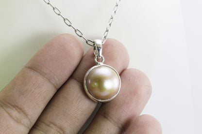 Gold Mabe Pearl pendant necklace 925 sterling silver 17 mm round