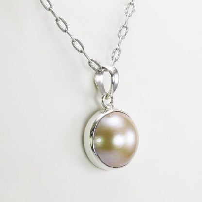 Gold Mabe Pearl pendant necklace 925 sterling silver 17 mm round