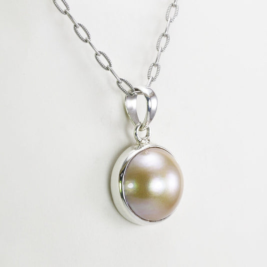 Gold Mabe Pearl pendant necklace 925 sterling silver 17 mm round