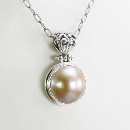 Beautiful Round 17 mm Golden Mabe Pearl bezel set in handmade dangling necklace pendant 925 sterling silver Decorated with filigree bale