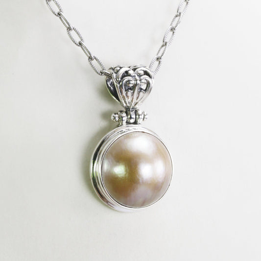 Beautiful Round 17 mm Golden Mabe Pearl bezel set in handmade dangling necklace pendant 925 sterling silver Decorated with filigree bale