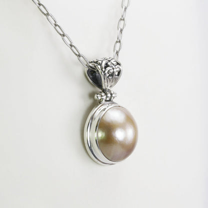 Beautiful Round 17 mm Golden Mabe Pearl bezel set in handmade dangling necklace pendant 925 sterling silver Decorated with filigree bale