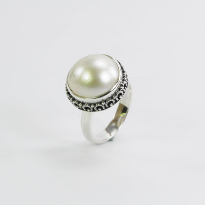 white mabe pearl ring 925 sterling silver 16 mm round decorated with  handmade crown filigree ornament