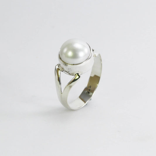 split shank ring 925 sterling silver with genuine round 9 mm fresh water pearl bezel set