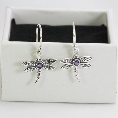 Beautiful dragonfly dangling earrings with genuine gems stone blue topaz set in 925 sterling silver decorated with swirl filigree art