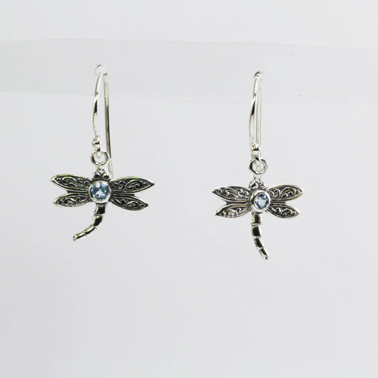 Beautiful dragonfly dangling earrings with genuine gems stone blue topaz set in 925 sterling silver decorated with swirl filigree art