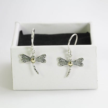 dragonfly earrings dangle 925 sterling silver with genuine gems stone and 18K gold decorated with swirl filigree ornament