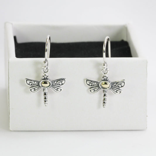 Beautiful dragonfly earrings 925 sterling silver , 18K gold accent decorated with swirl filigree ornament art