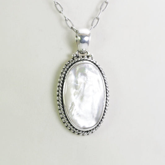 mother of pearl  pendant necklace 26*16 mm width set in handmade 925 sterling silver decorated with cable and dot edge