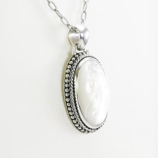 mother of pearl  pendant necklace 26*16 mm width set in handmade 925 sterling silver decorated with cable and dot edge