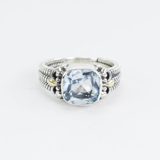 Blue Topaz Ring 925 sterling silver with 18k Gold accent and triple shank cable style