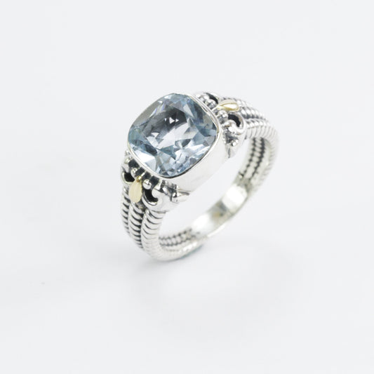 Blue Topaz Ring 925 sterling silver with 18k Gold accent and triple shank cable style