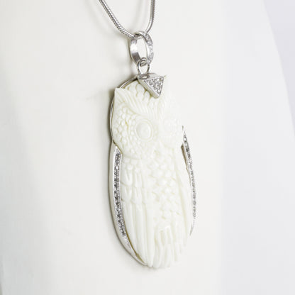 Owl Pendant necklace bone carving decorated with white topaz set in 925 sterling silver