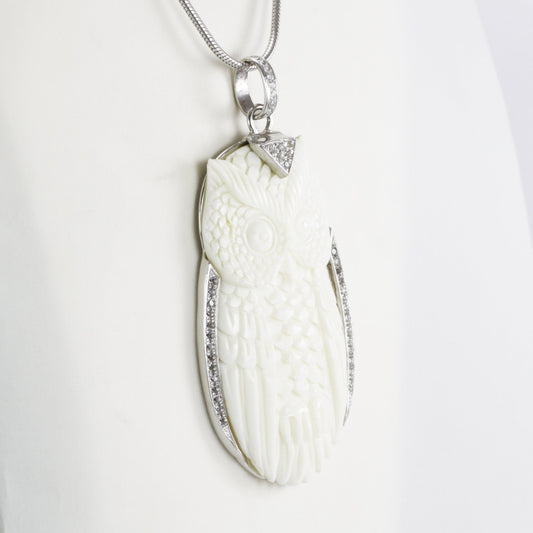 Owl Pendant necklace bone carving decorated with white topaz set in 925 sterling silver