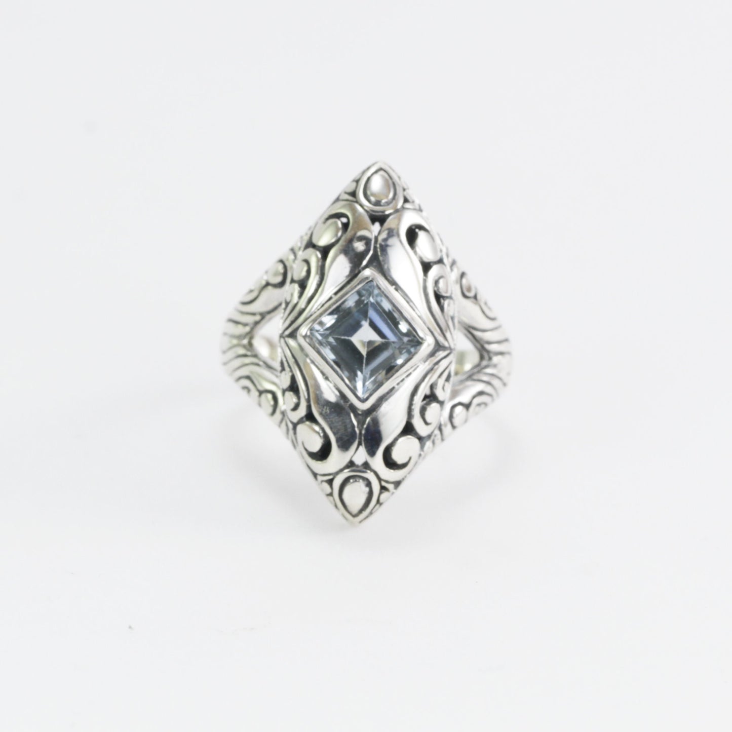 Marquise ring 925 sterling silver with genuine blue topaz decorated with swirl filigree