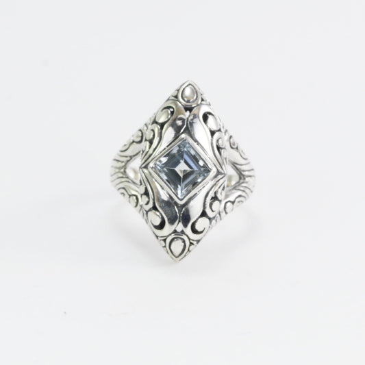 Marquise ring 925 sterling silver with genuine blue topaz decorated with swirl filigree