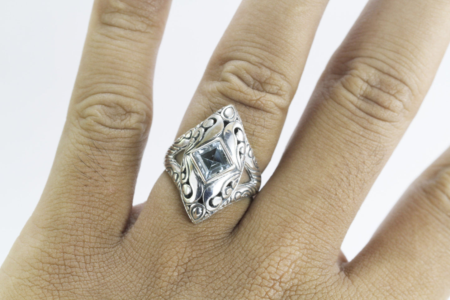 Marquise ring 925 sterling silver with genuine blue topaz decorated with swirl filigree