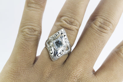 Marquise ring 925 sterling silver with genuine blue topaz decorated with swirl filigree