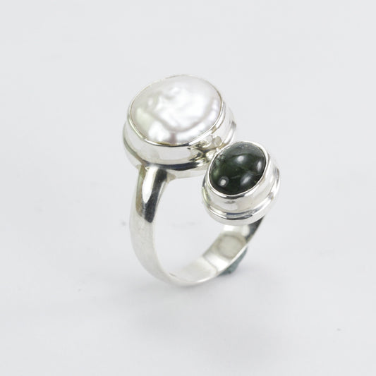 Bypass ring 925 sterling silver with biwa pearl and genuine green tourmaline bezel setting